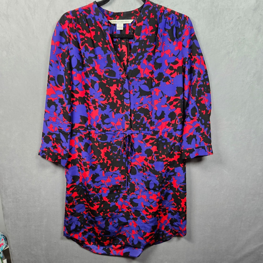 Diane von Furstenberg Silk Tunic Dress Womens 8 Purple Red Abstract Pockets